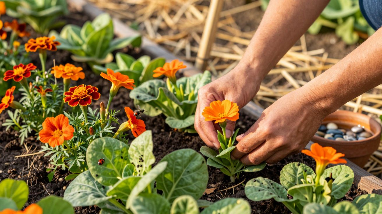 Tuinier plant oranje bloemen in een bloembed met groene bladeren op een zonnige dag.