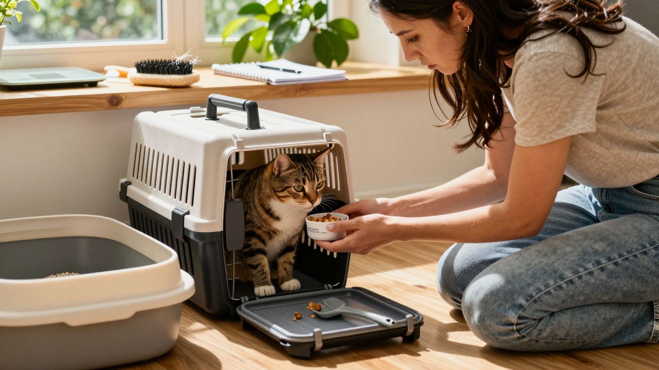 Vrouw voedt kat in reismand, naast een kattenbak, bij een zonnig raam met planten en notitieboekjes.