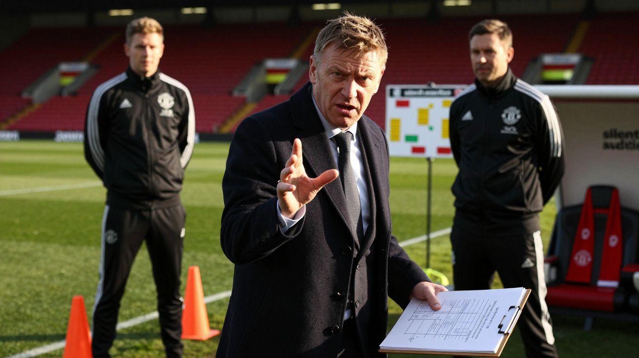 Voetbalcoach met clipboard instrueert, twee medewerkers in trainingspakken staan op het veld in een stadion.