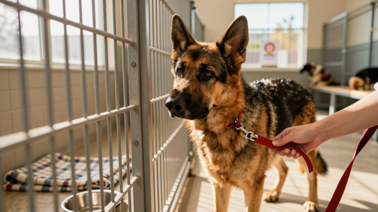 Hond in dierenasiel met rood tuigje, staand bij kennelhek, riem in iemand's hand, zonlicht door raam.