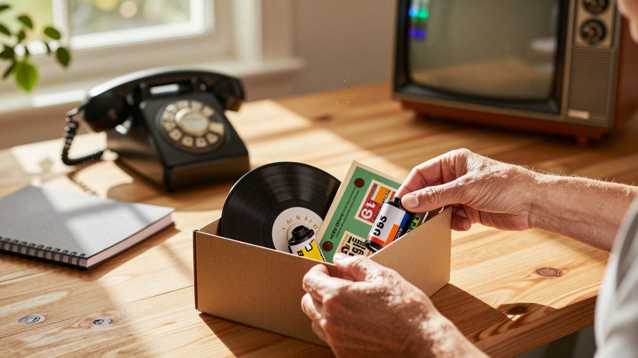 Persoon houdt vinylplaat met stickers vast, houten tafel met retro telefoon en tv op de achtergrond.