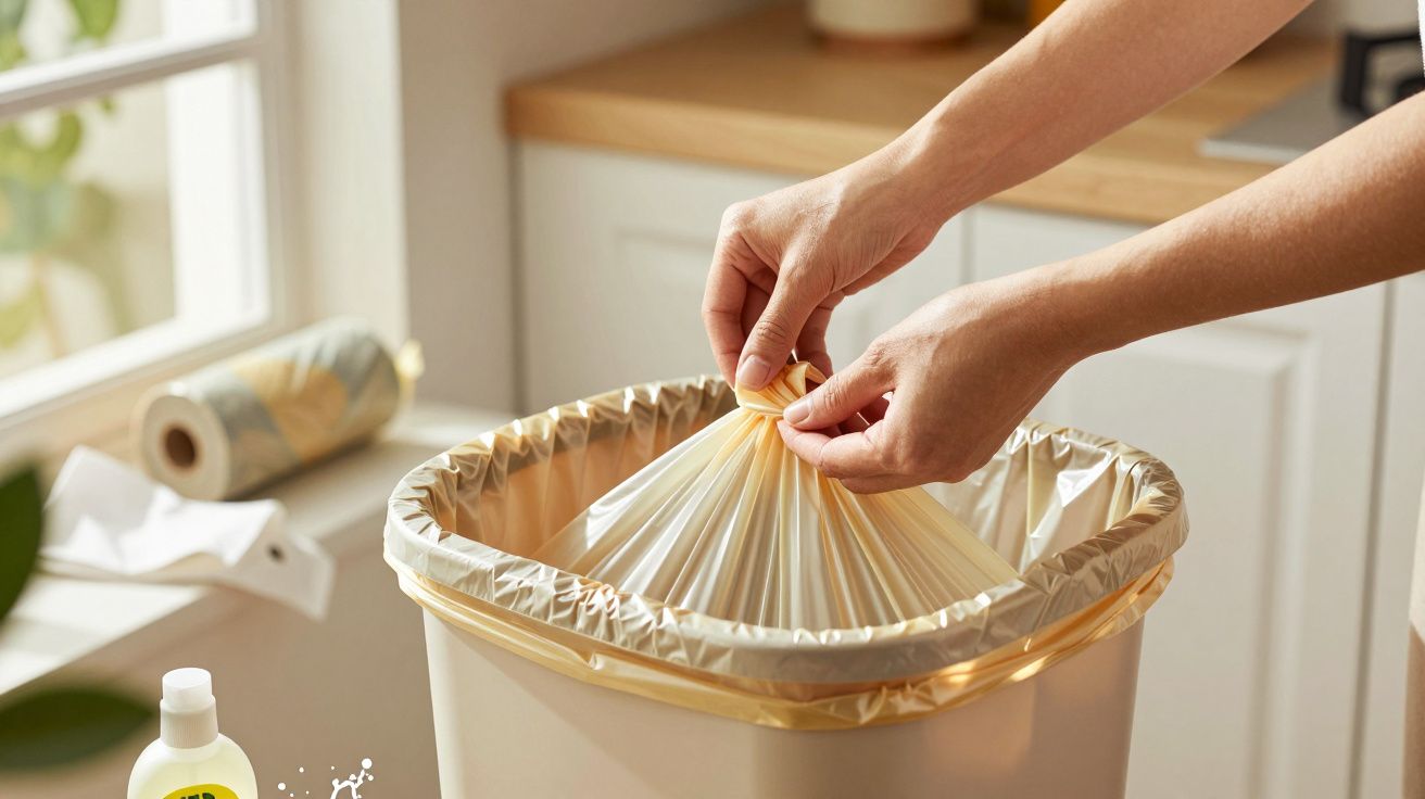 Handen binden geel afvalzakje in een keuken, naast een raam met doek en afwasmiddel.