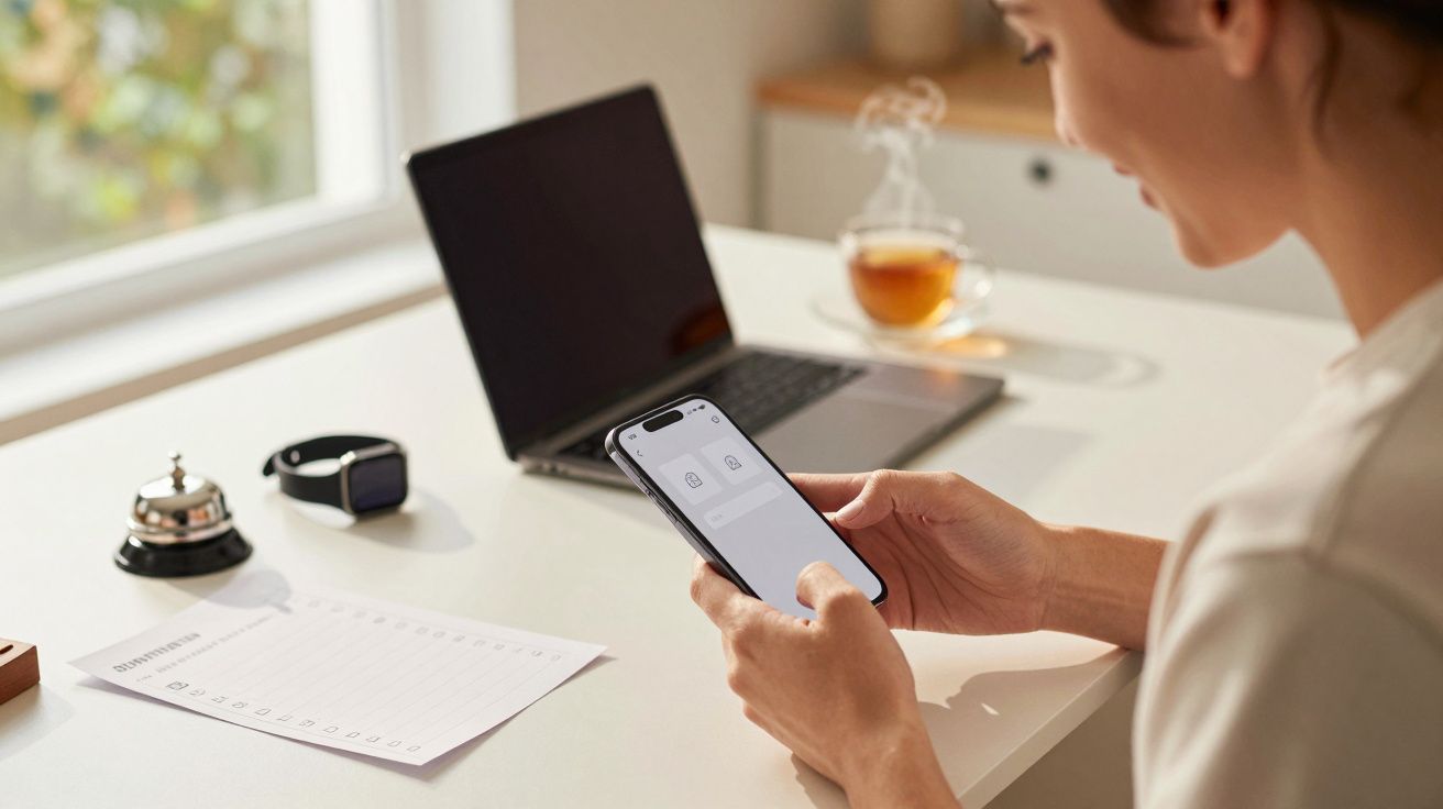 Persoon gebruikt smartphone aan bureau met laptop, papieren, smartwatch en kop thee.