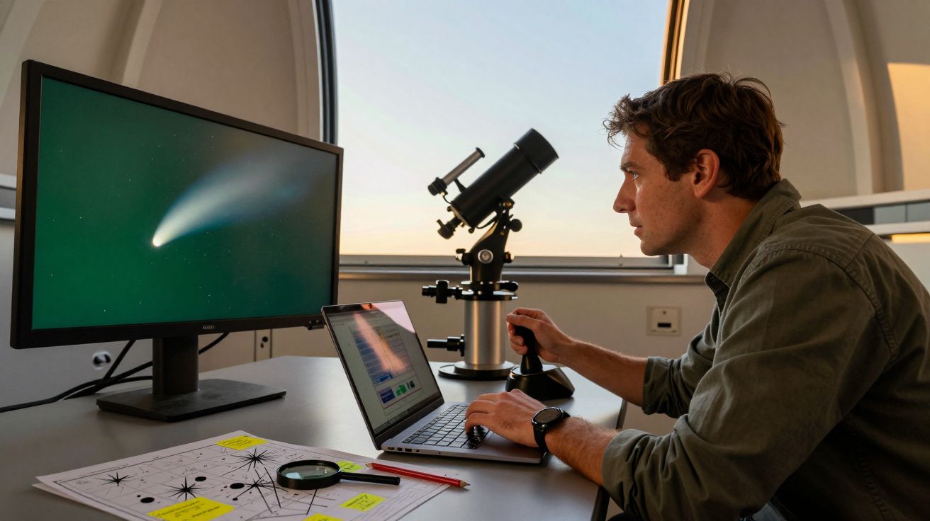 Man bestudeert op laptop een komeetbeeld met een telescoop in een observatorium.