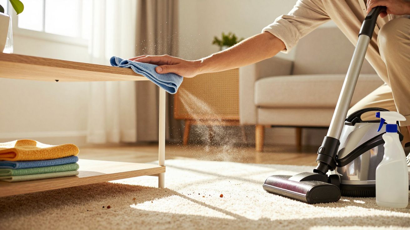 Persoon stofzuigt tapijt en veegt plank af met doek in zonnige woonkamer.