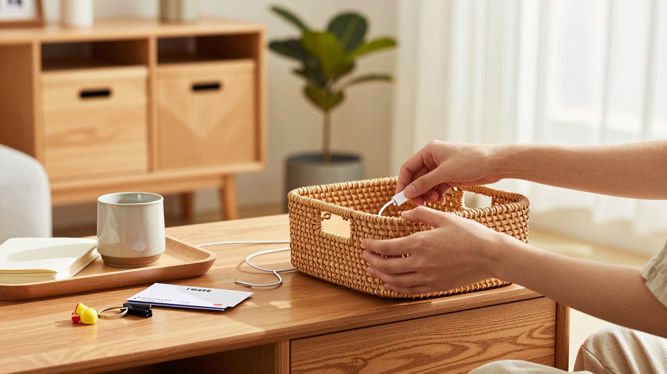Handen organiseren een mand op een houten tafel met documenten, een mok en een plant op de achtergrond.
