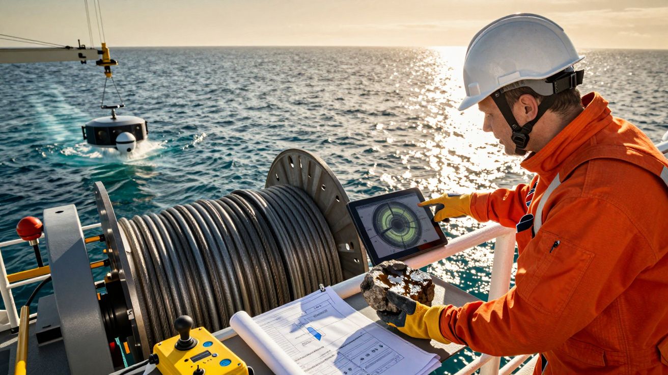 Een technicus op een schip bedient een onderwaterrobot met een tablet en analyseert gegevens bij zonsondergang.