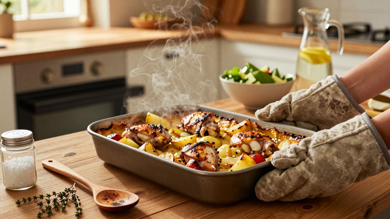 Handen met ovenwanten houden een dampende ovenschaal met kip en groenten vast, in een gezellige keuken.