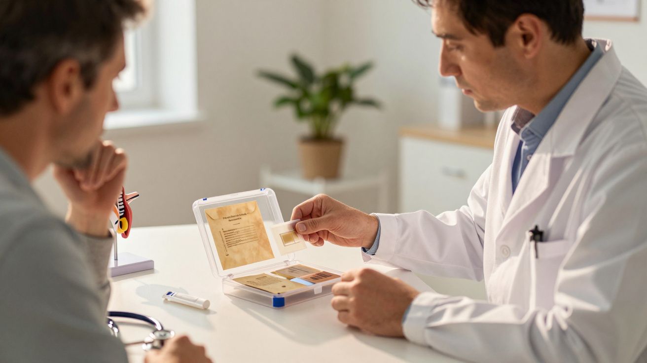 Dokter toont patiënt een medisch object in de spreekkamer.