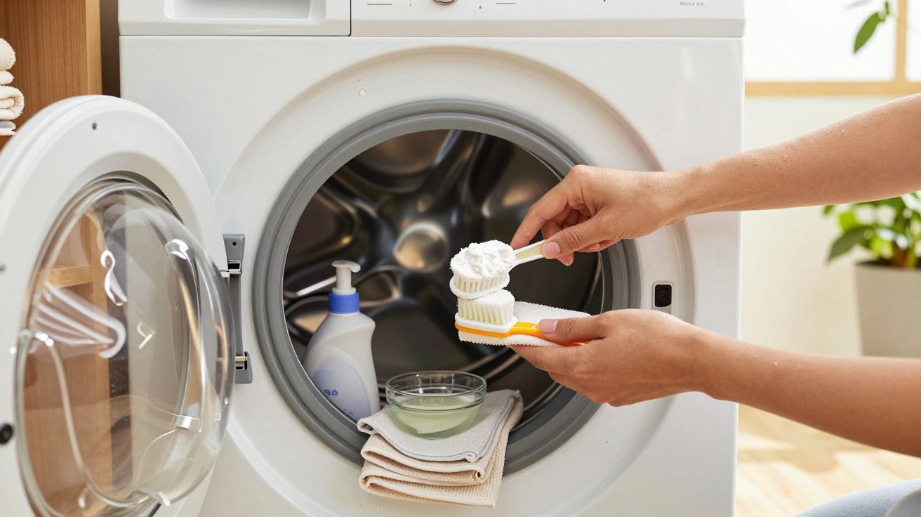 Persoon reinigt wasmachine met borstel en schoonmaakmiddel, open deur, handdoek en flesje zichtbaar.