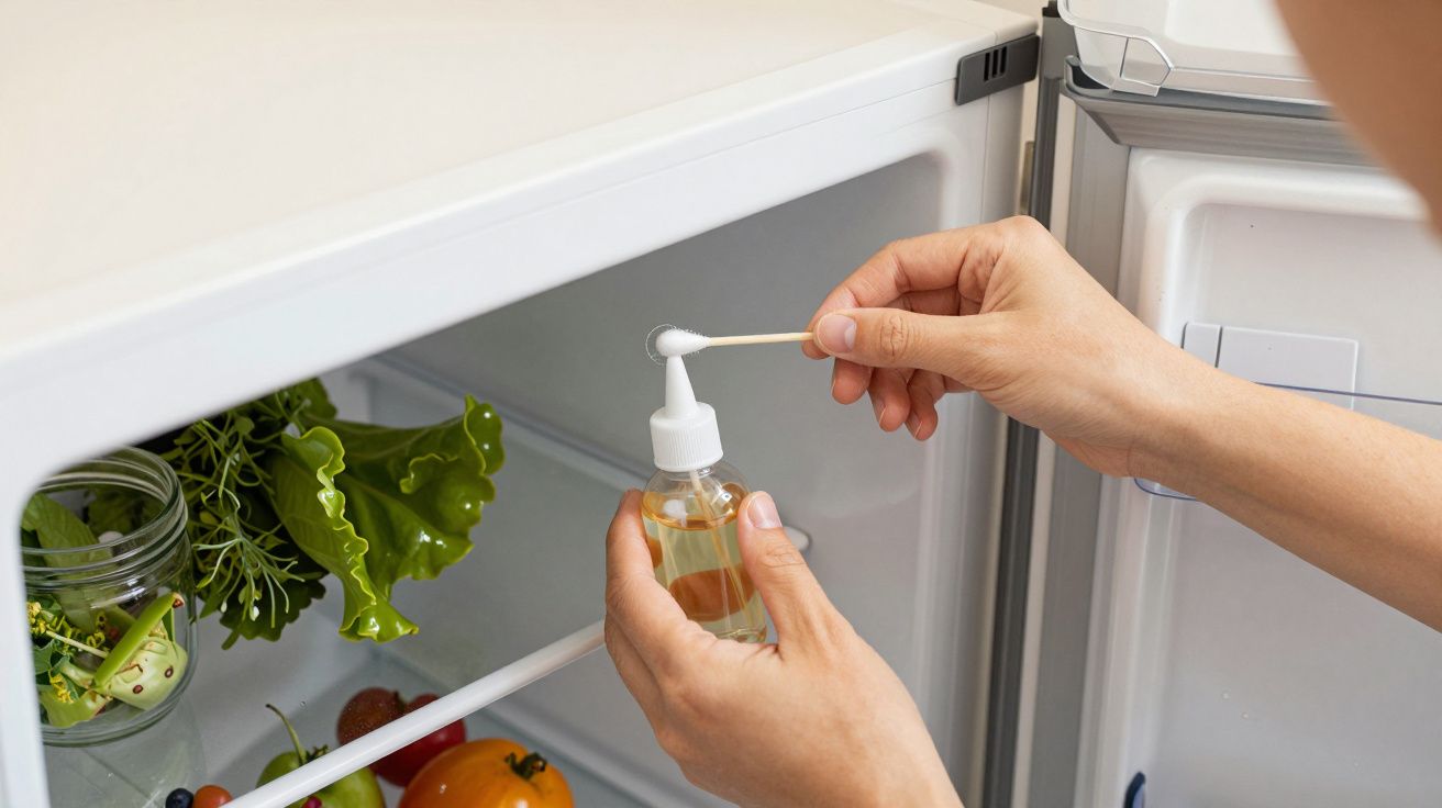 Handen gebruiken wattenstaafje en flesje olie bij open koelkast met groenten.