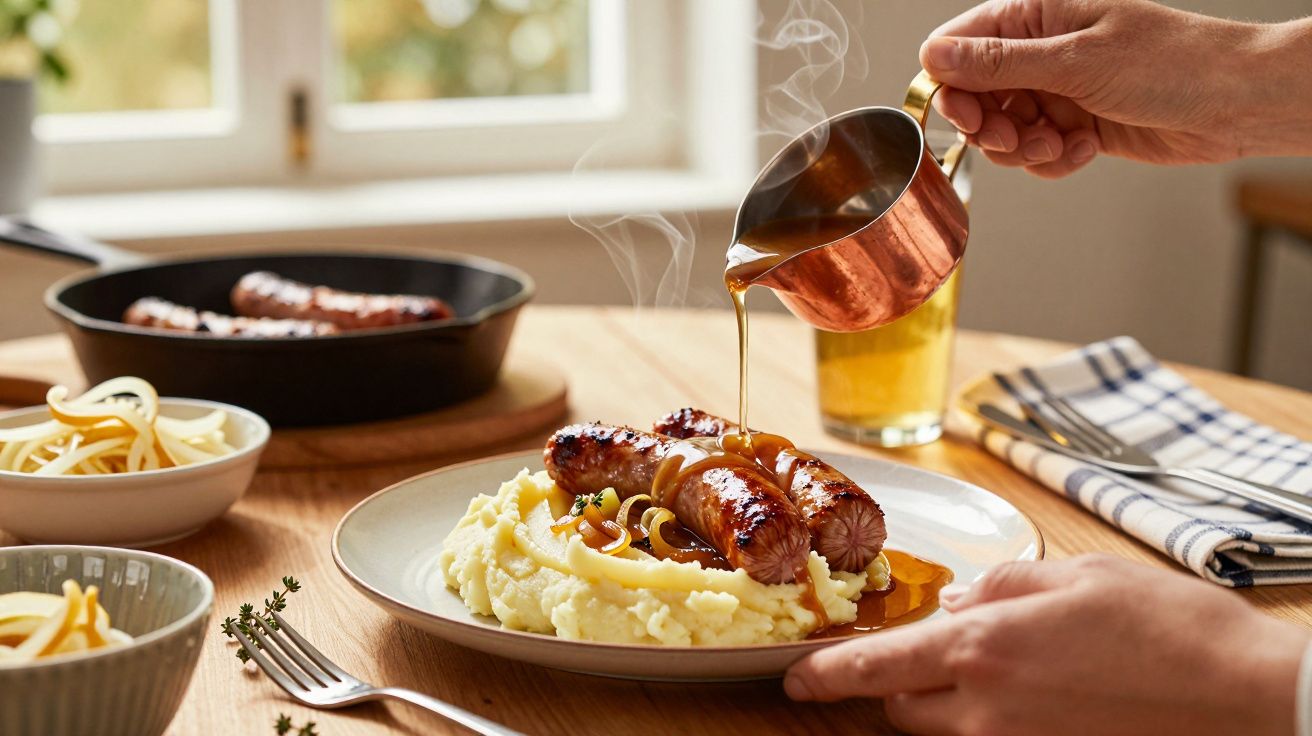 Braadworst en jus worden over aardappelpuree in een bord gegoten, met stoom en een glas bier in de achtergrond.