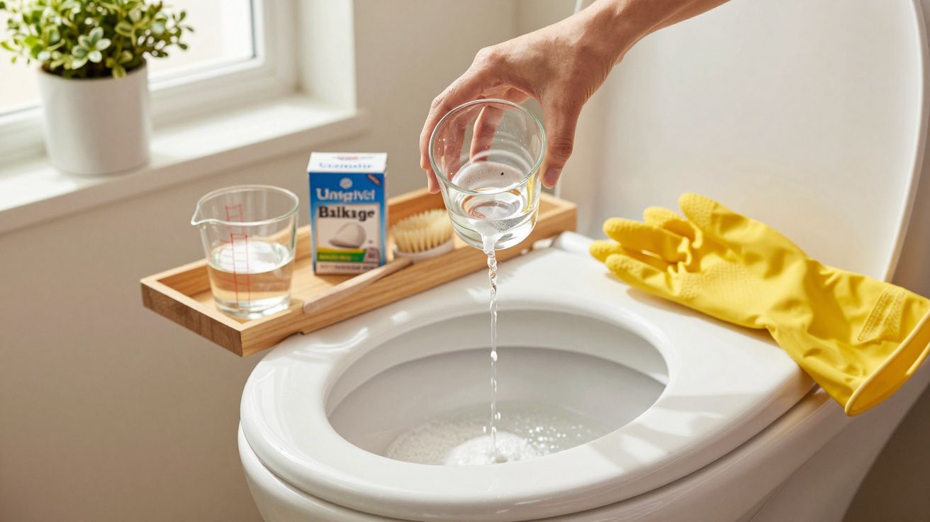 Hand giet vloeistof in toilet met rubberen handschoenen en schoonmaakmiddelen op plank, waaronder zuiveringszout.