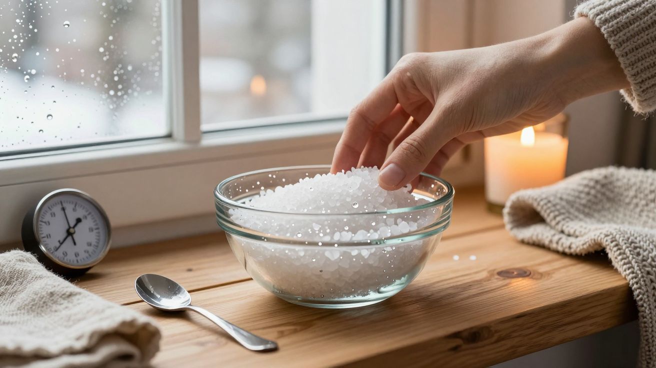 Hand pakt zoutkristallen uit een glazen kom op houten tafel met kaars en klokje erbij.