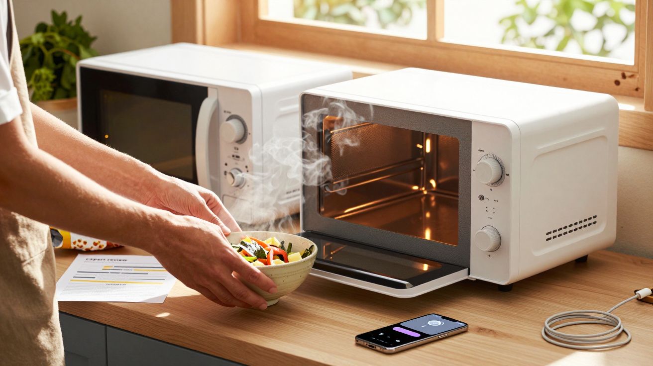 Persoon haalt kom met dampend eten uit een magnetron, met smartphone, oplader en handleiding op de houten tafel.