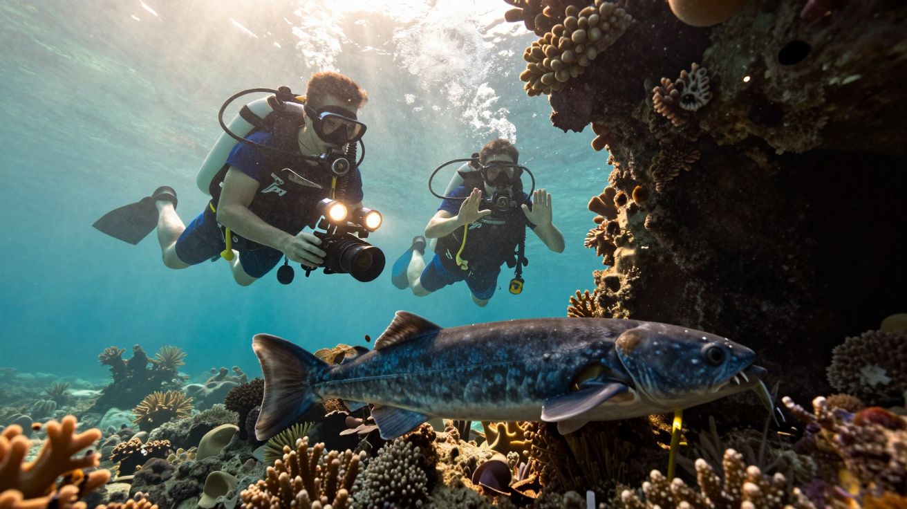 Twee duikers met camera’s verkennen een koraalrif onder water, met een grote vis op de voorgrond.