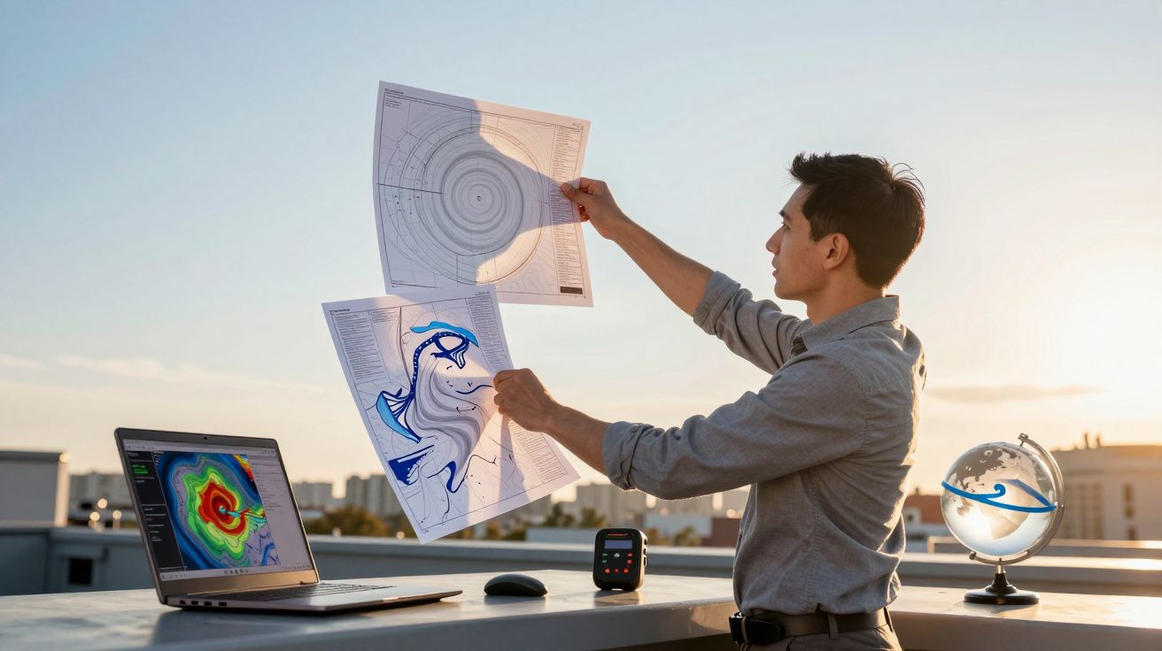 Man bekijkt weerkaarten bij zonsondergang op een dakterras, met een laptop en glazen wereldbol op de tafel.