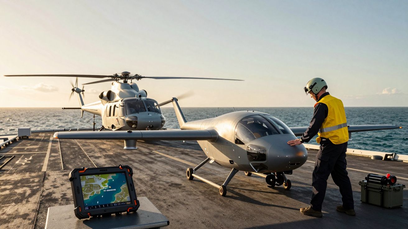 Twee helikopters op een schip. Een persoon in veiligheidsvest bedient het kleinere toestel. Tablet op de voorgrond.