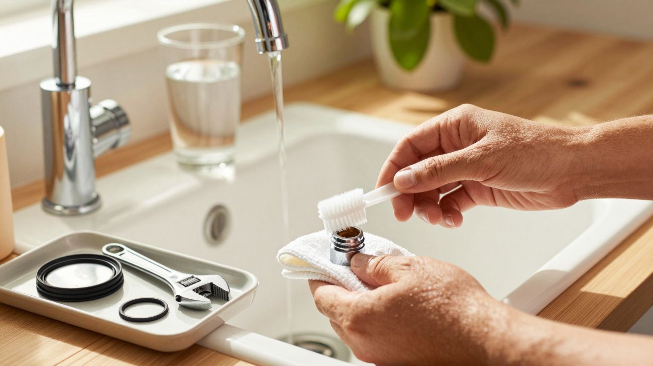 Persoon reinigt kraanonderdeel met borstel bij gootsteen; gereedschap en glas water op de achtergrond.
