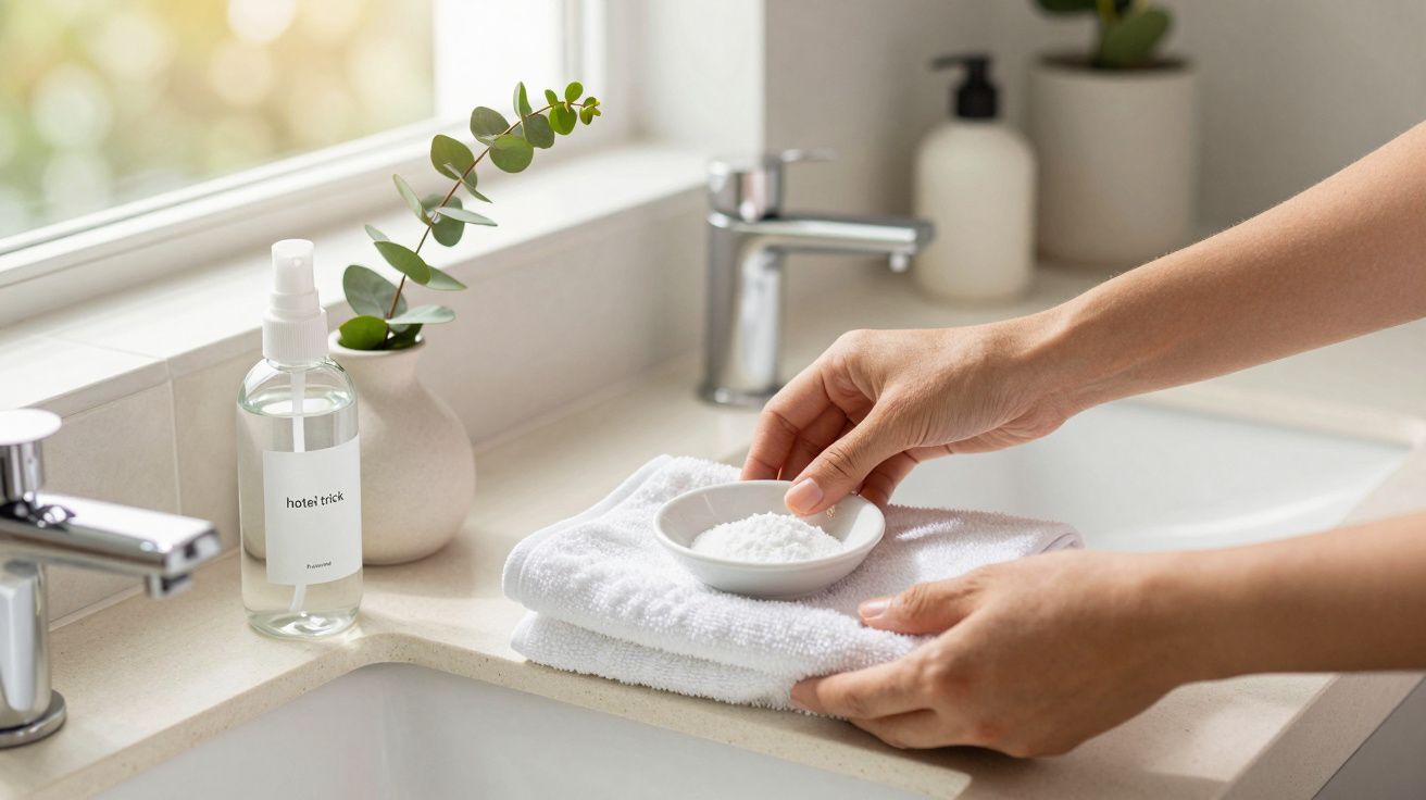 Handen plaatsen schaaltje op witte handdoek naast gootsteen met plantenspray en pot plant op de achtergrond.