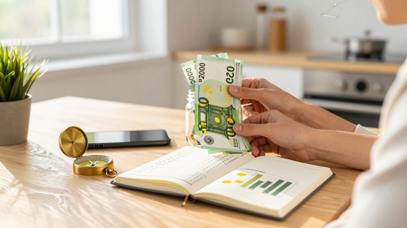 Persoon telt eurobiljetten naast een open notitieboekje op een houten tafel in een lichte, moderne ruimte.