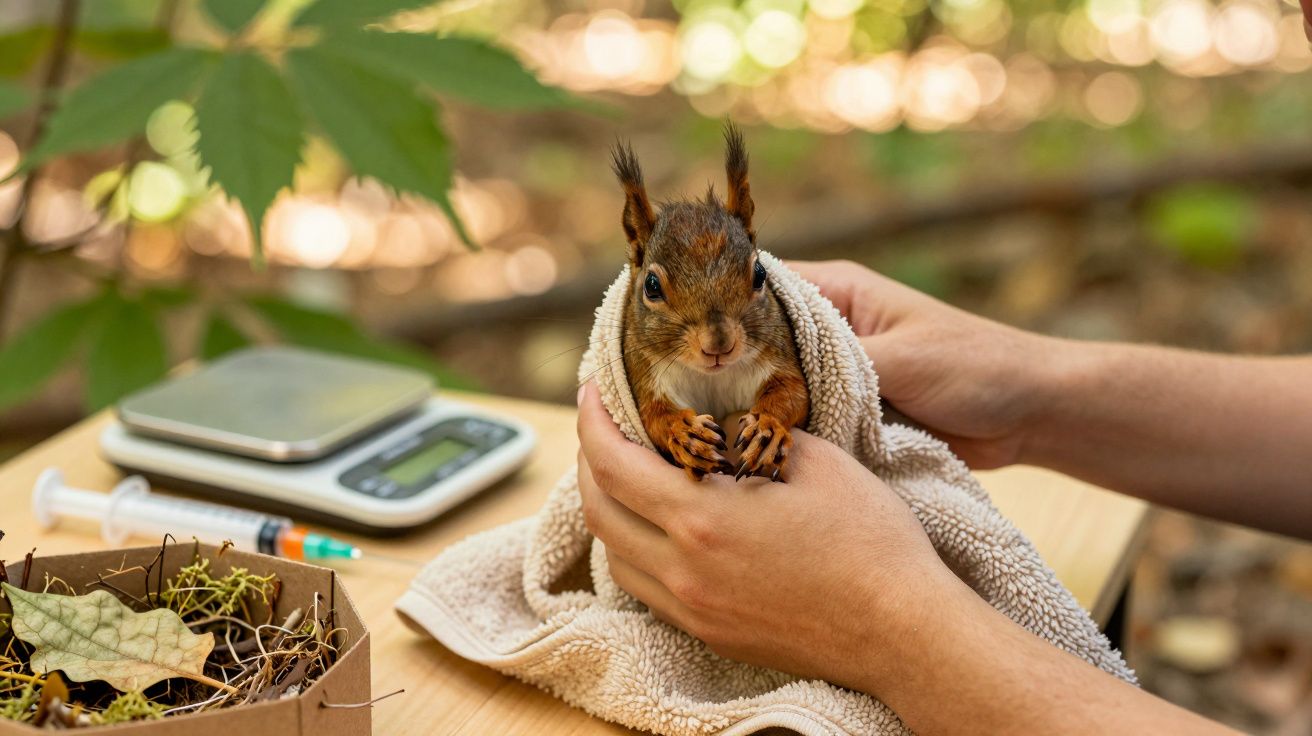Persoon houdt een eekhoorn in een handdoek vast op tafel met weegschaal, spuit en bladeren.