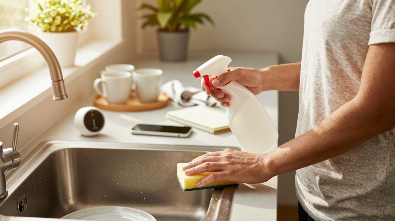 Persoon schoonmaakt aanrecht bij gootsteen met sprayfles en spons; zonlicht door raam, planten en kopjes op achtergrond.