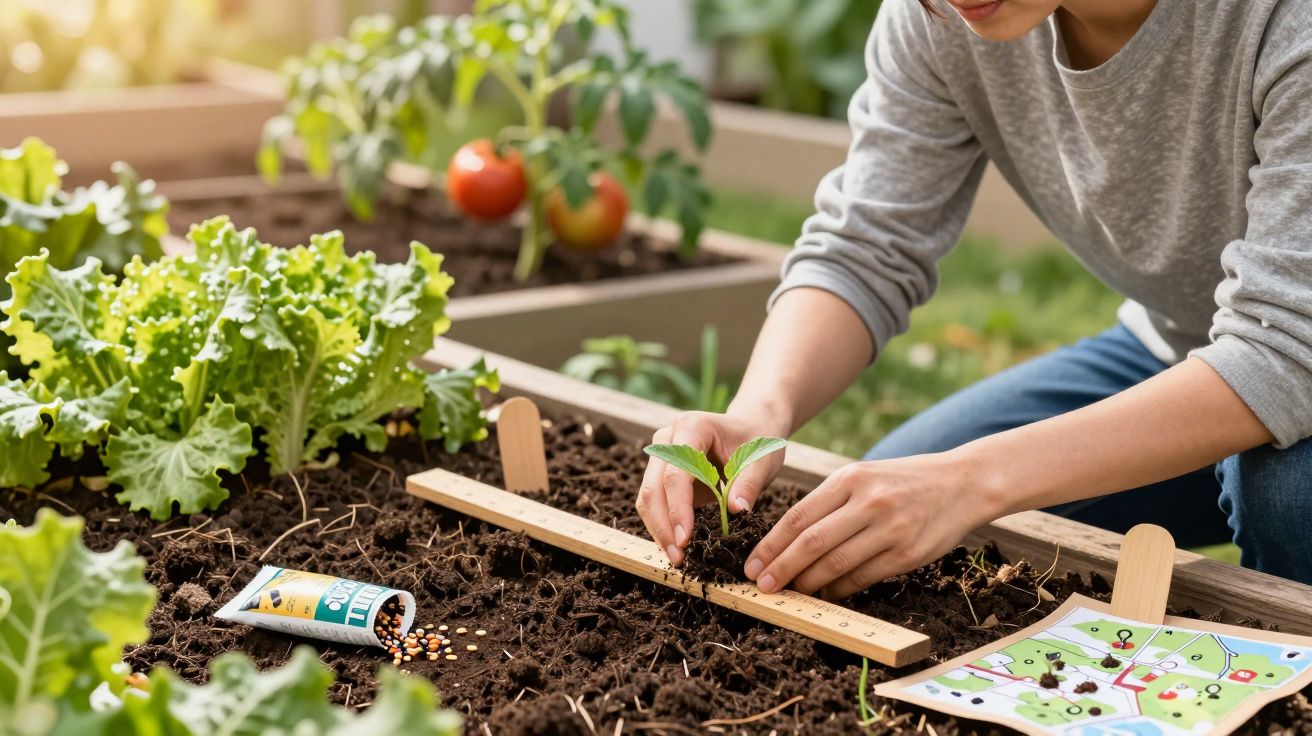 Persoon plant een zaailing in een moestuin, naast een liniaal en een zakje zaadjes, omgeven door tomaten en sla.