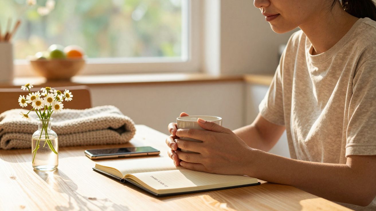 Vrouw aan tafel met kopje koffie, notitieboek, telefoon en bloemen in een vaas naast haar.