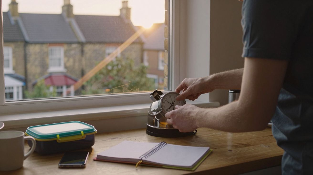 Persoon die een wekker instelt op een vensterbank met notitieboek, telefoon en etensbakje in de ochtendzon.