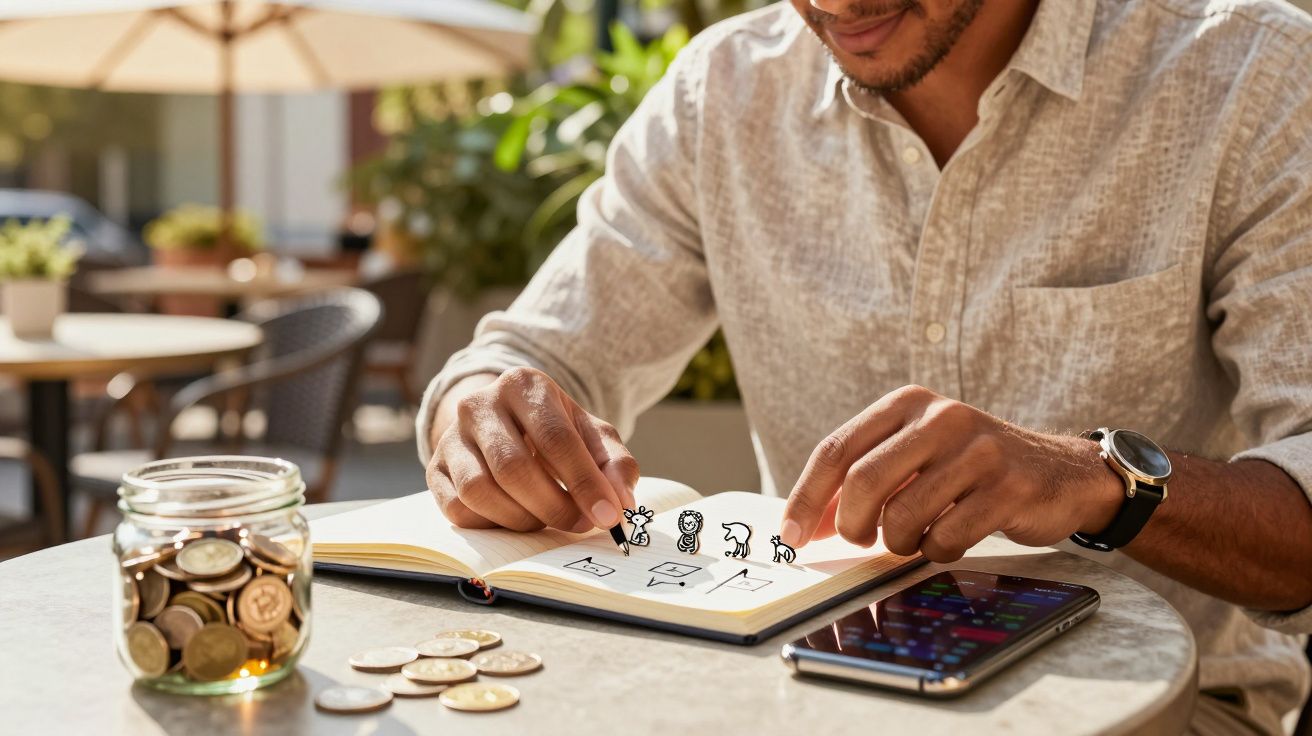Man leest notebook aan tafel met smartphone en pot vol munten, buiten op een zonnig terras.