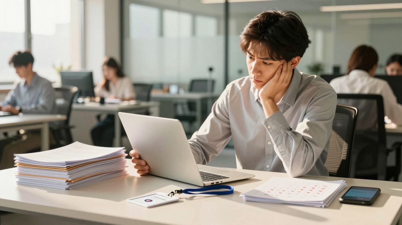 Man werkt op laptop in modern kantoor, met stapels papier en kalender op bureau, andere mensen op achtergrond.