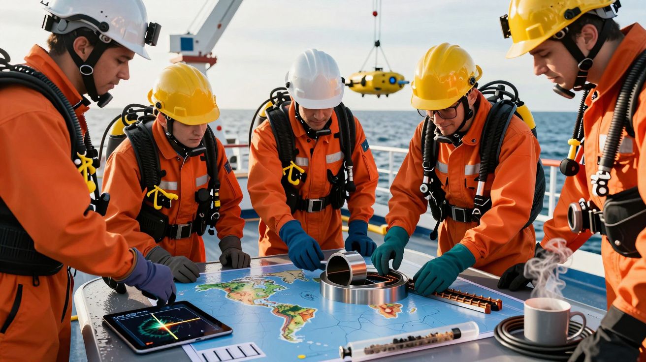 Vijf ingenieurs in oranje overalls overleggen rond een wereldkaart op een schip, met een robot in de achtergrond.