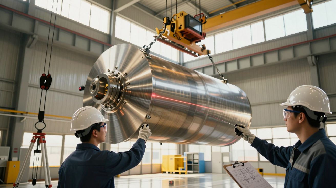 Twee werknemers met helmen begeleiden grote metalen cilinder aan hijskraan in fabriekshal.