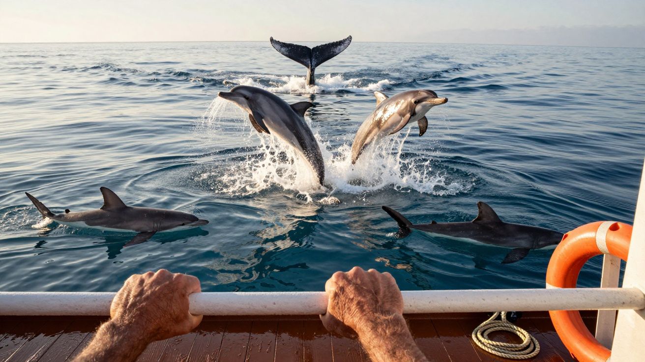 Handen op de reling van een boot met dolfijnen die uit het water springen en een walvisstaart op de achtergrond.