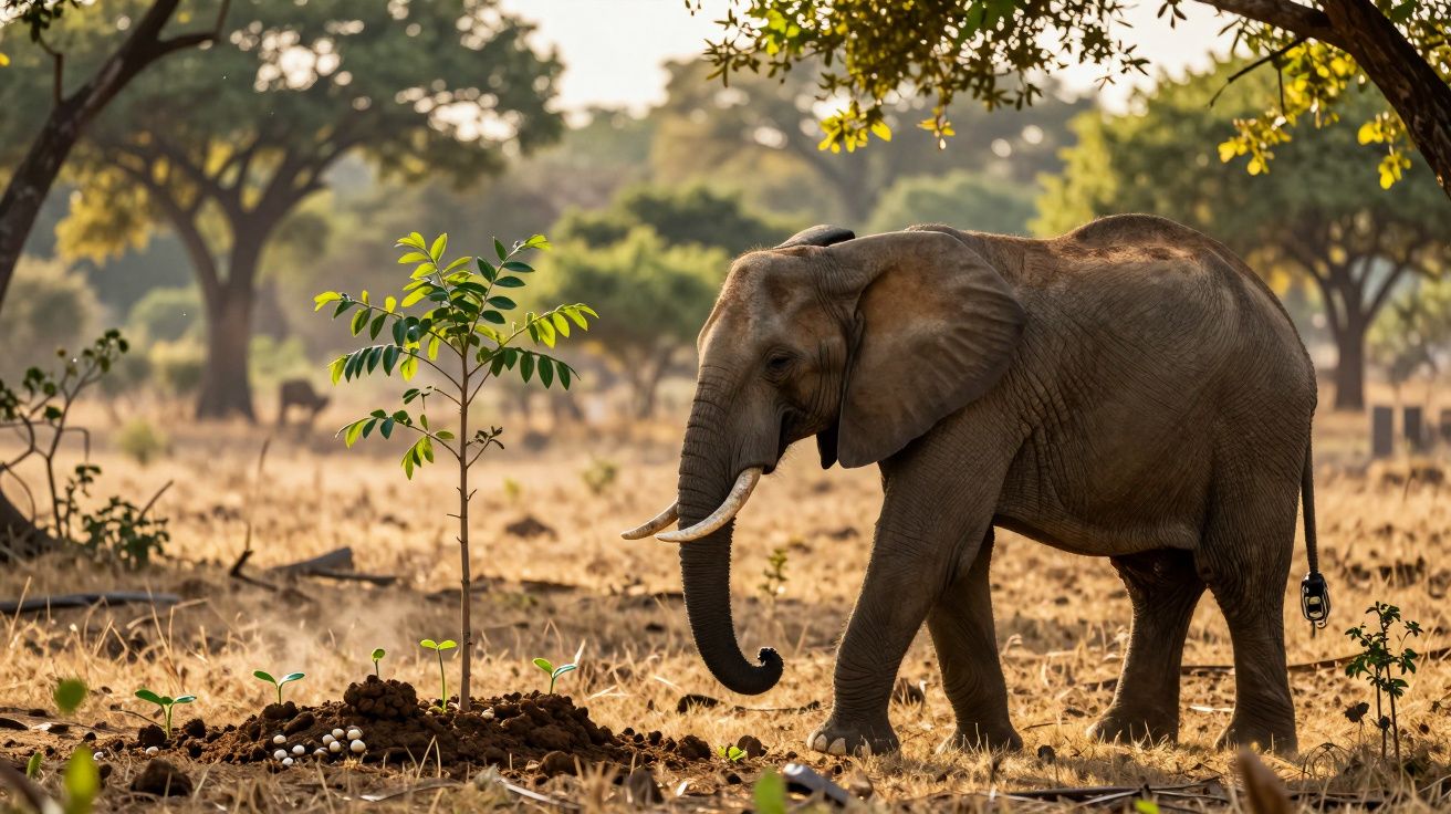 Olifant staat naast een jong boompje in een bosrijke savanne, omringd door zonlicht en schaduwen.