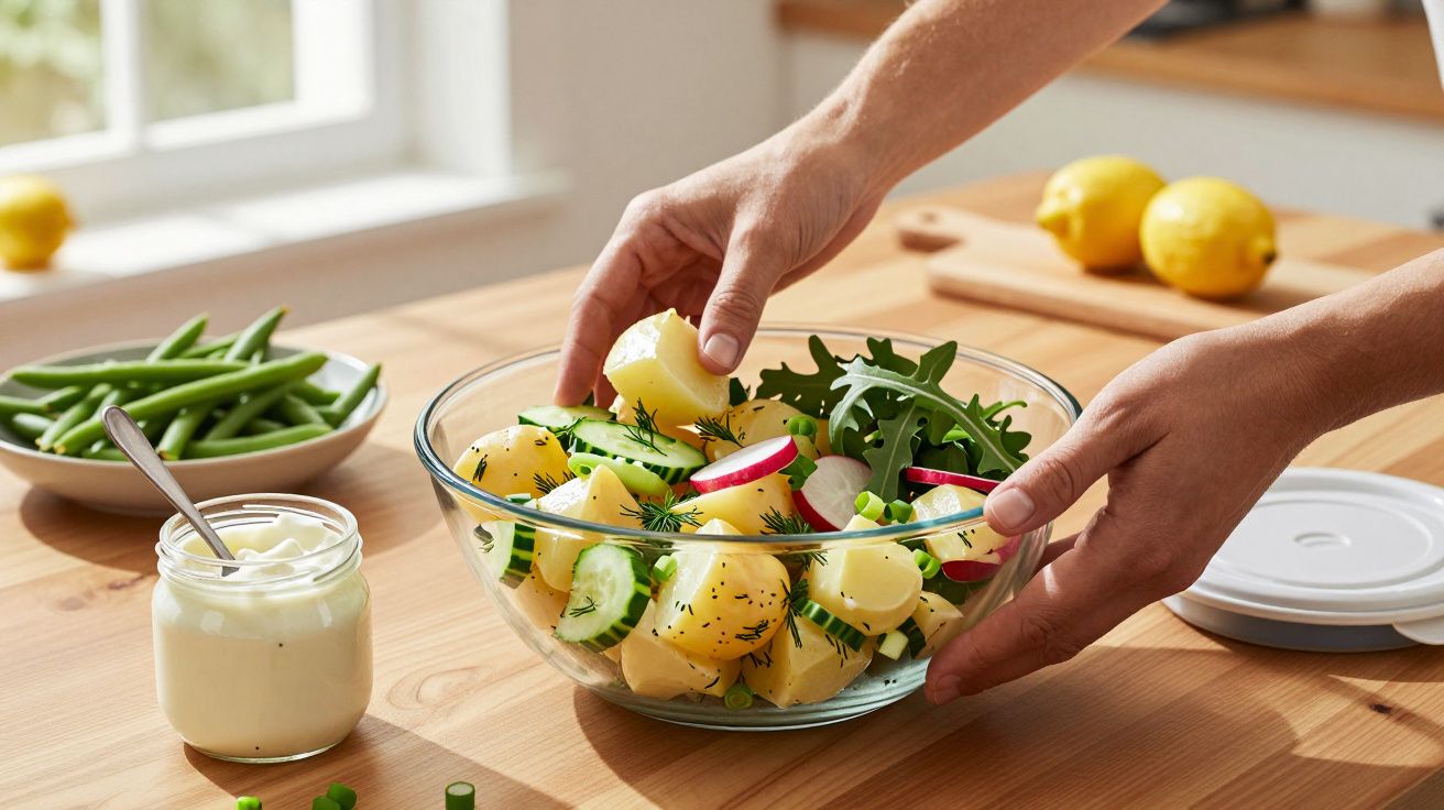 Handen bereiden een aardappelsalade met radijs, komkommer en kruiden in een glazen kom, naast pot mayonaise.