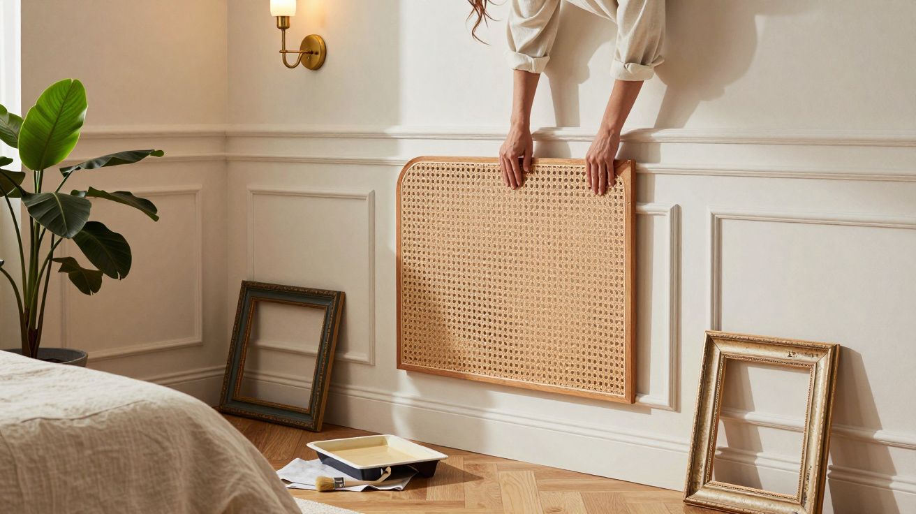 Persoon hangt decoratief paneel aan muur in kamer met witte lambrisering, lege lijsten, plant en bed.