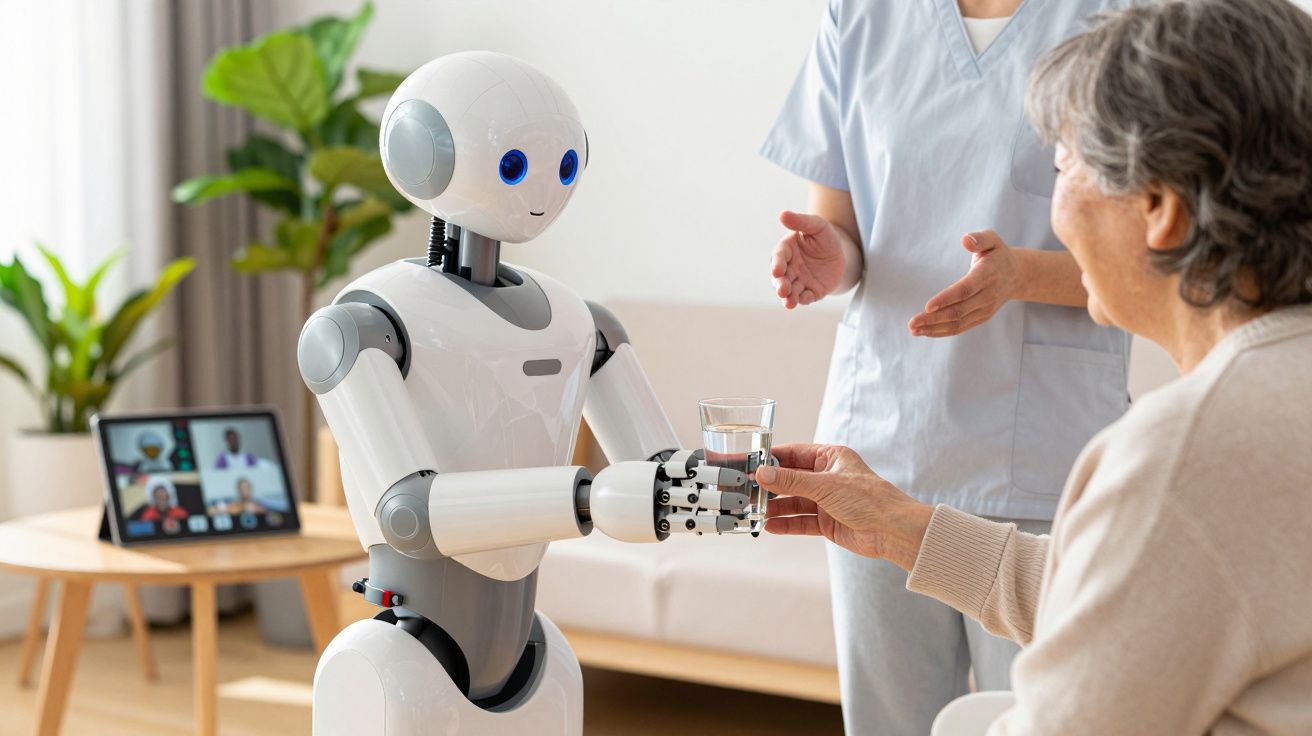 Robot geeft oudere vrouw een glas water, begeleid door zorgverlener in lichte kamer met tablet op de achtergrond.