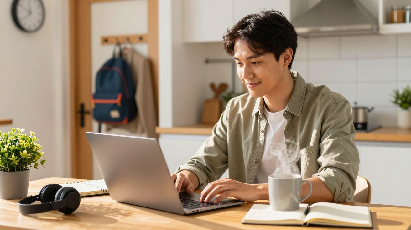 Man werkt op laptop aan tafel met notitieboek en kop koffie in een lichte keuken.