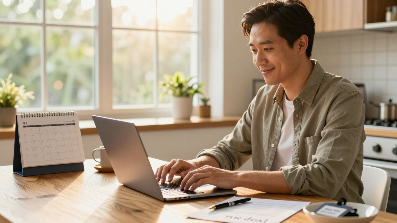 Man werkt op laptop aan tafel bij raam, met kalender en papieren.