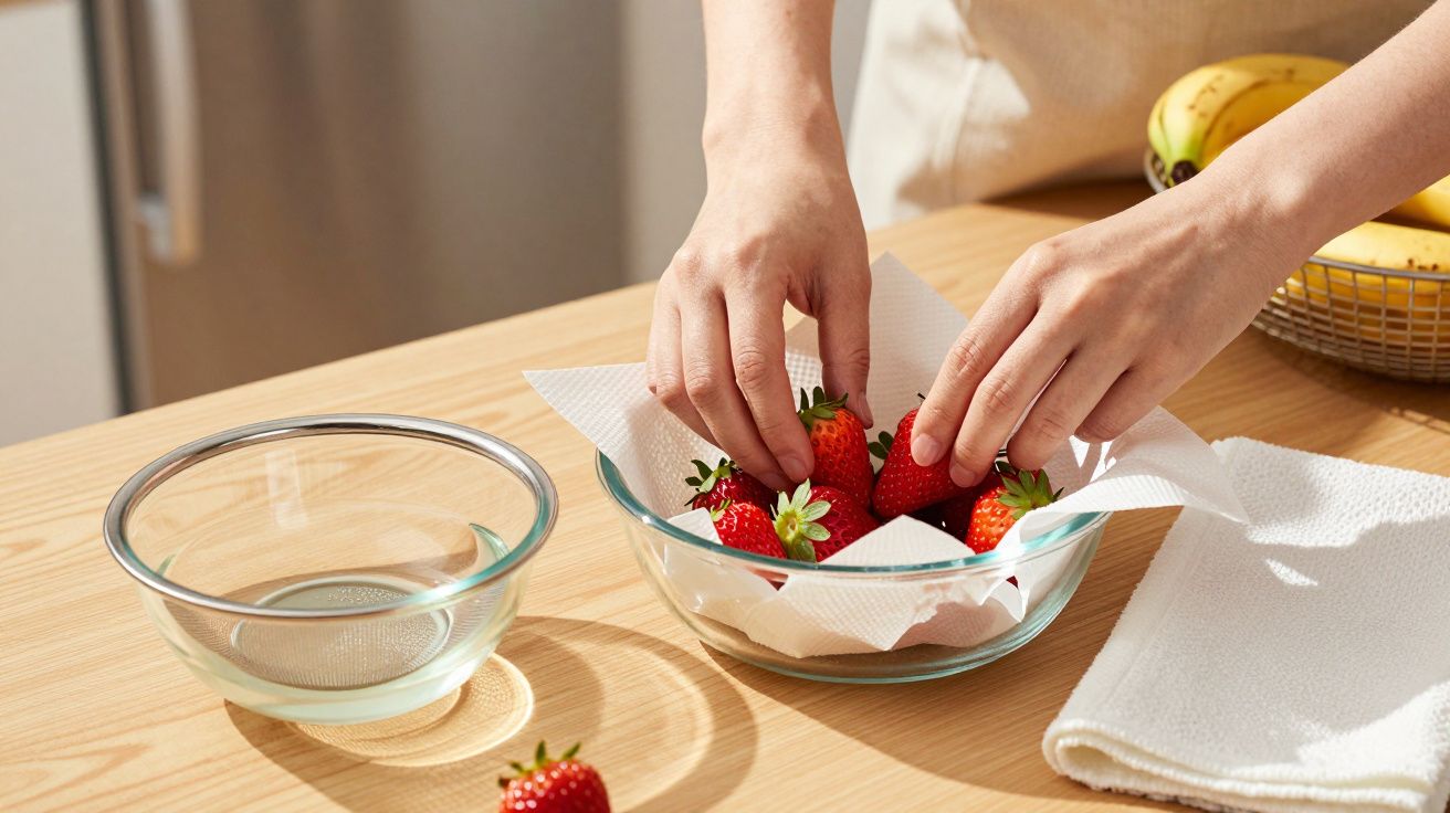 Handen die aardbeien in een glazen kom met keukenpapier plaatsen op een houten tafel.