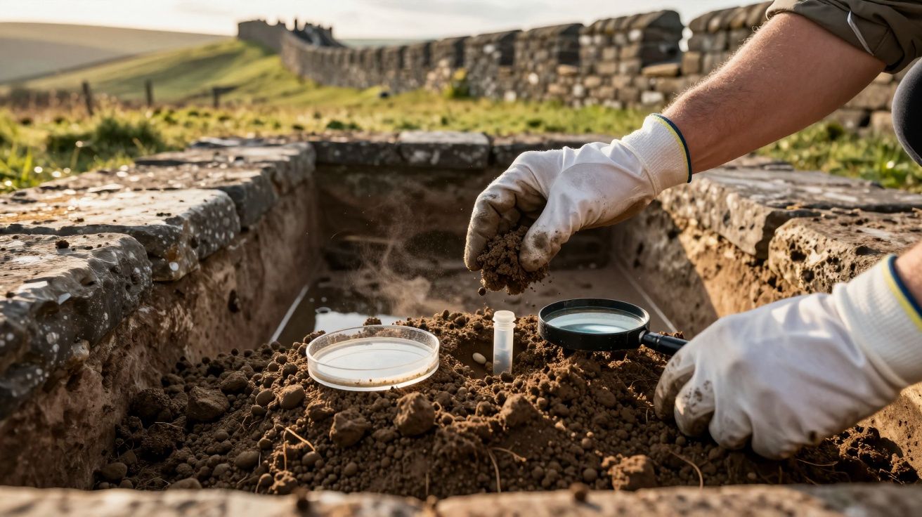 Archeoloog met handschoenen onderzoekt grondmonsters bij ruïnewand, met vergrootglas en petrischaal, stenen muur op achtergro