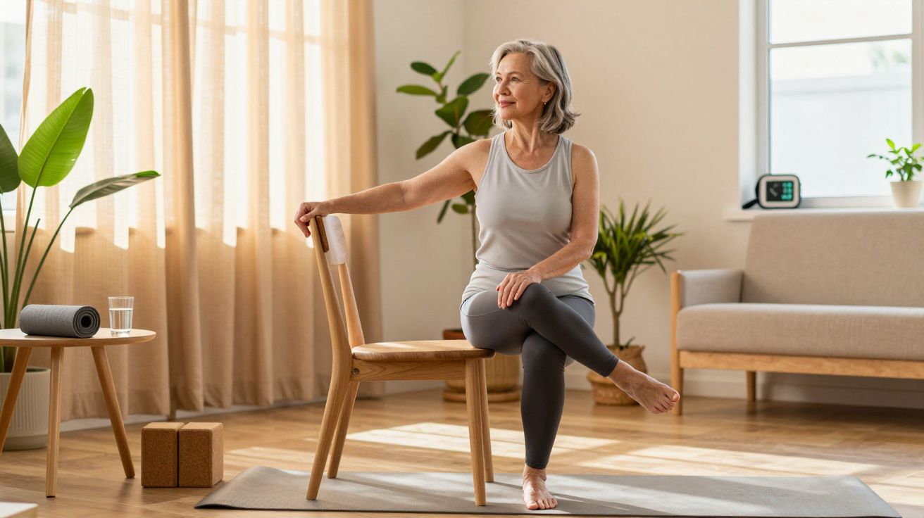Een oudere vrouw doet een yogaoefening op een stoel in een lichte woonkamer, omringd door planten en yogabenodigdheden.
