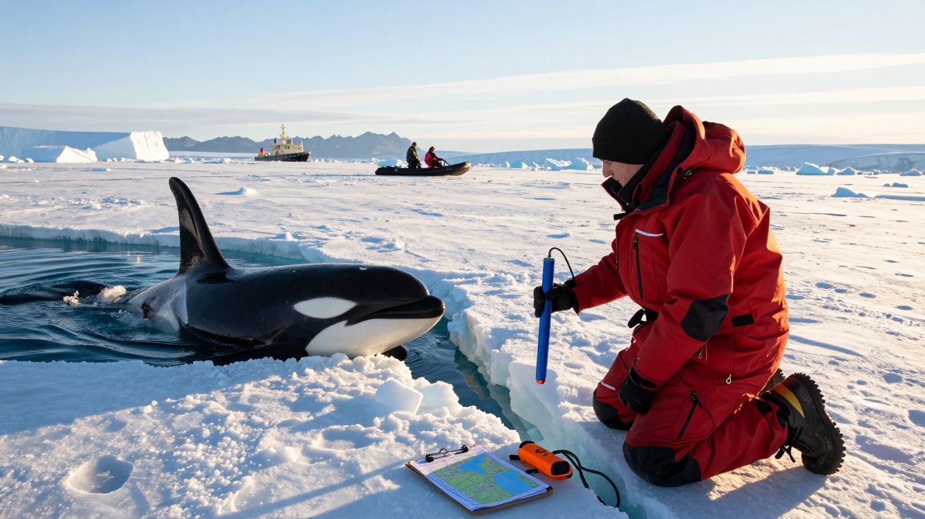 Onderzoeker in rood pak meet water naast een orka in het ijs, met schip en sneeuwscooter op de achtergrond.
