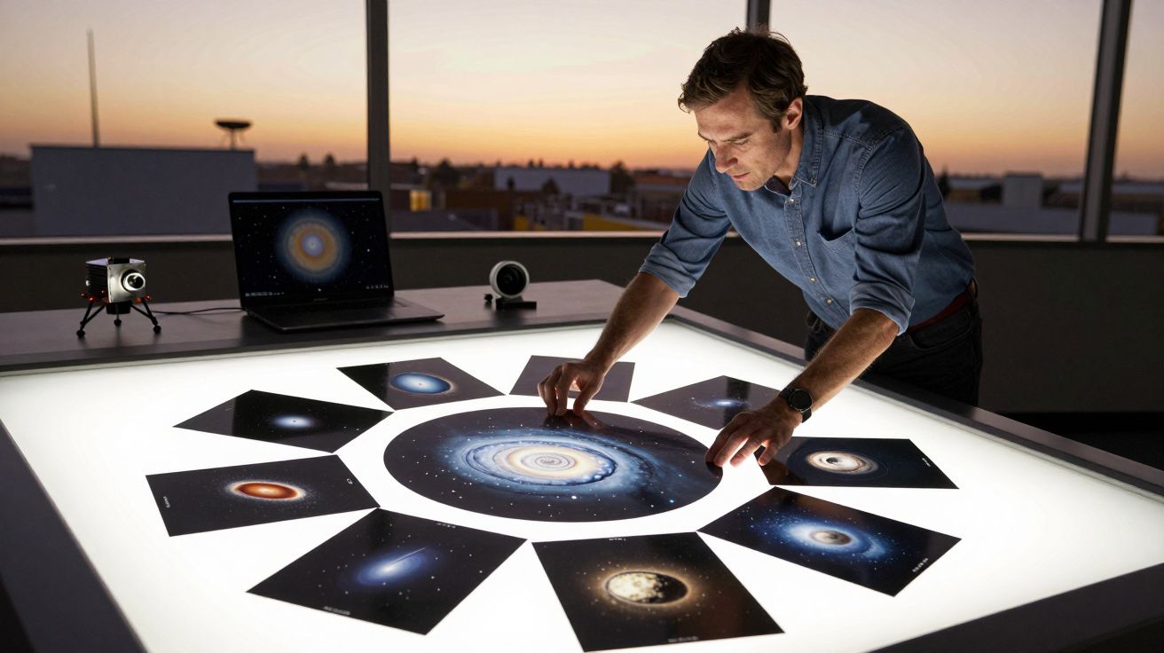 Man bestudeert sterrenstelsels op een verlicht scherm met meerdere foto's van sterrenstelsels in een donkere kamer.