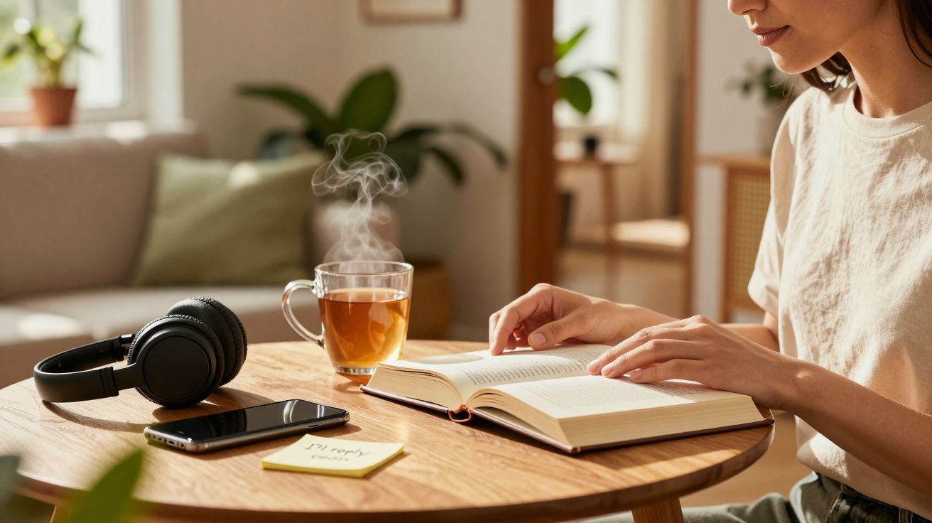 Persoon leest boek aan tafel met kopje thee, hoofdtelefoon en telefoon naast zich, in een gezellige kamer met planten.