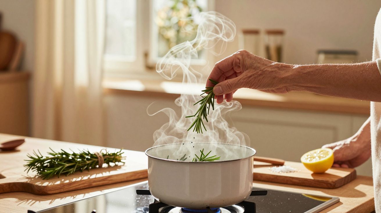 Hand voegt rozemarijn toe aan een kokende pan op het fornuis, met stoom die opstijgt in een lichte keuken.