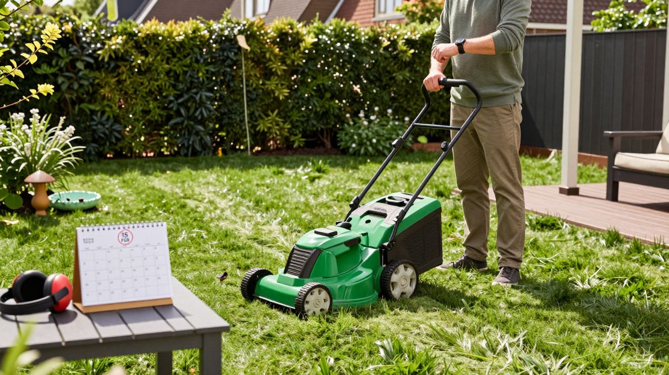 Persoon maait gras met een groene grasmaaier in de tuin; kalender en gehoorbescherming op een tafel.