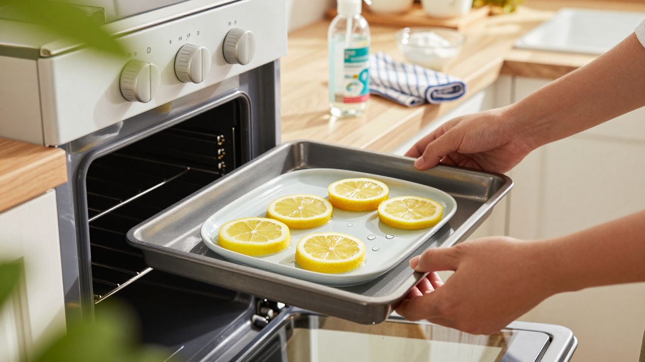 Handen plaatsen bakplaat met citroenschijven in oven.